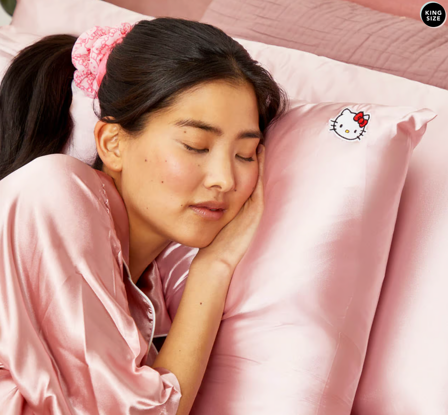 Hello Kitty x Kitsch Satin Pillowcase - Solid Pink Hello Kitty Face (two sizes)