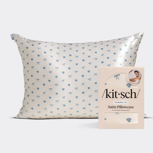 Standard Satin Pillowcase - Pearlized Cream & Coastal Blue Print