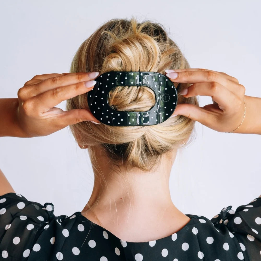 Black Polka Dot Party Flat Round Hair Clip (2 sizes)
