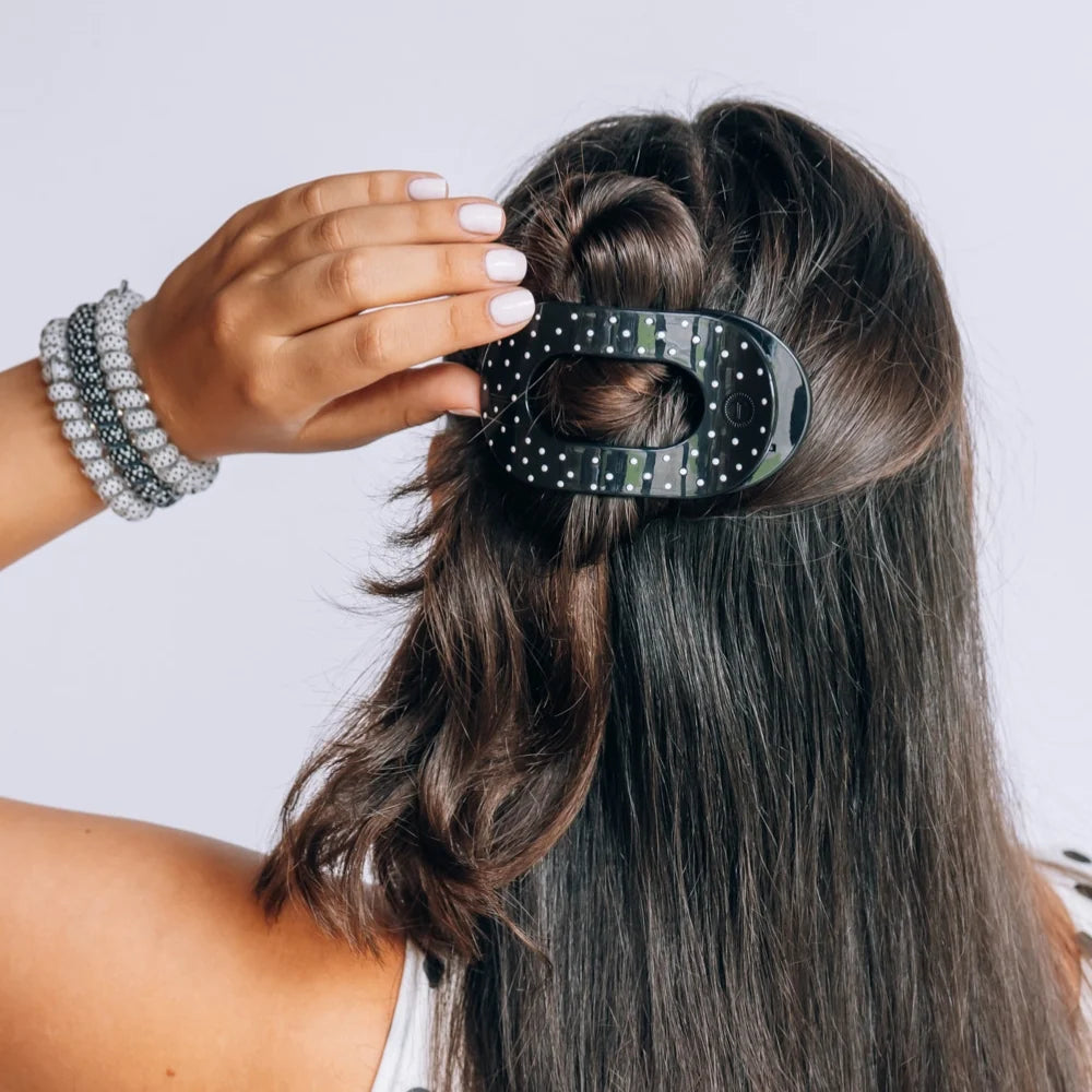 Black Polka Dot Party Flat Round Hair Clip (2 sizes)
