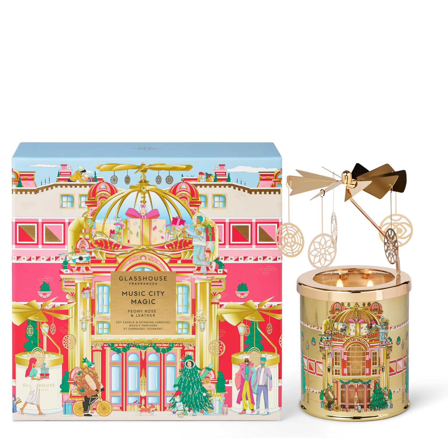 Peony Rose & Leather 380g Candle & Spinning Carousel