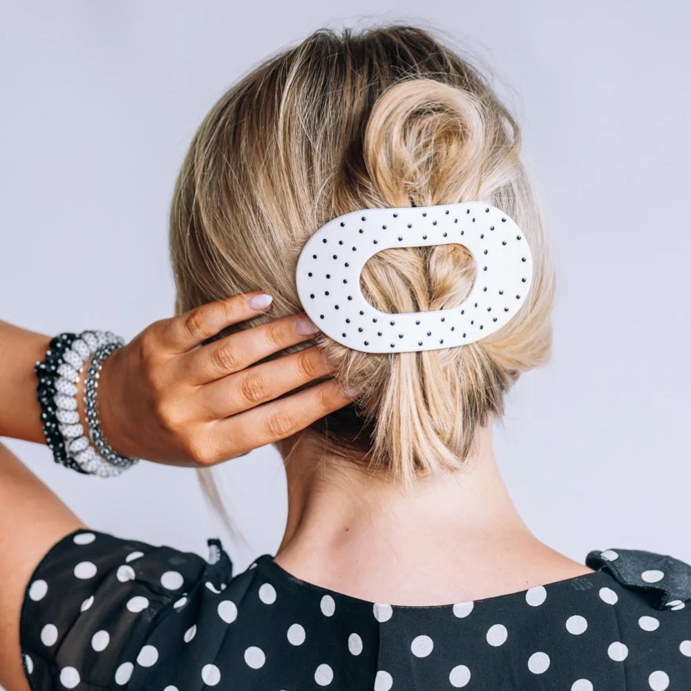 White Polka Dot Party Flat Round Hair Clip (2 sizes)